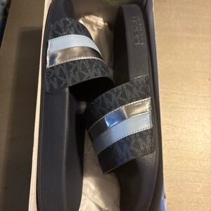 Michael Kors Black and Light Blue Logo Slide Sandals with Silver Accent